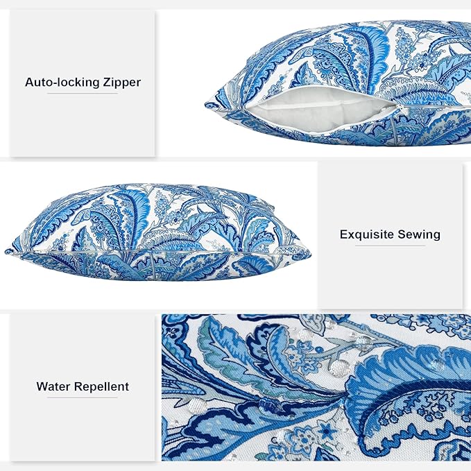 Outdoor/Indoor Lumbar Pillows, Water Repellent Cushion Pillows, 12x20 Inch, Outdoor Pillows with Inserts for Home Garden, Pack of 2, Monotone Leaves Blue