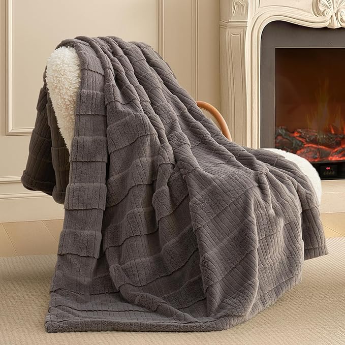 Amélie Home Luxury Striped Faux Fur Throw Blanket for Couch, Embossed Split Fur Cozy Fuzzy Fluffy Luxurious Soft Plush Sofa Chair Bed Gift Blankets for Women Men Wife Friend, 60"x80", Charcoal Gray