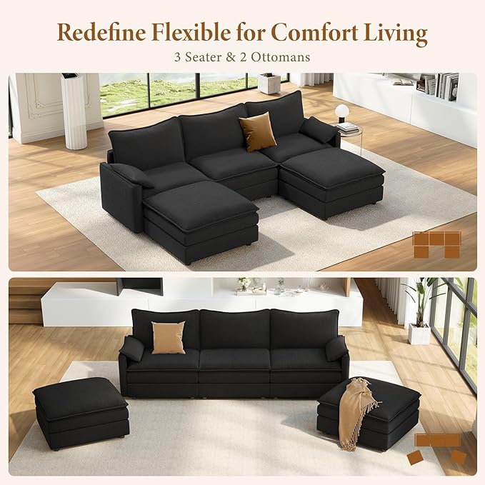 Vesgantti 108" U Shaped Sectional Couch, Comfy Cloud Modular Sectional Sofa with 2 Ottoman Deep Seat Chenille Modern Cloud Sofa, Modular Sofas for Living Room, Bedroom and Apartment, Black