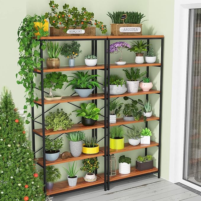 Himimi 6-Tier Bookshelf Set of 2,Tall Bookcase Industrial Wood Storage Rack with Open Book Shelves,Modern Metal Standing Organizer,Vintage Display Rack for Living Room, Office, Bedroom, Rustic Brown