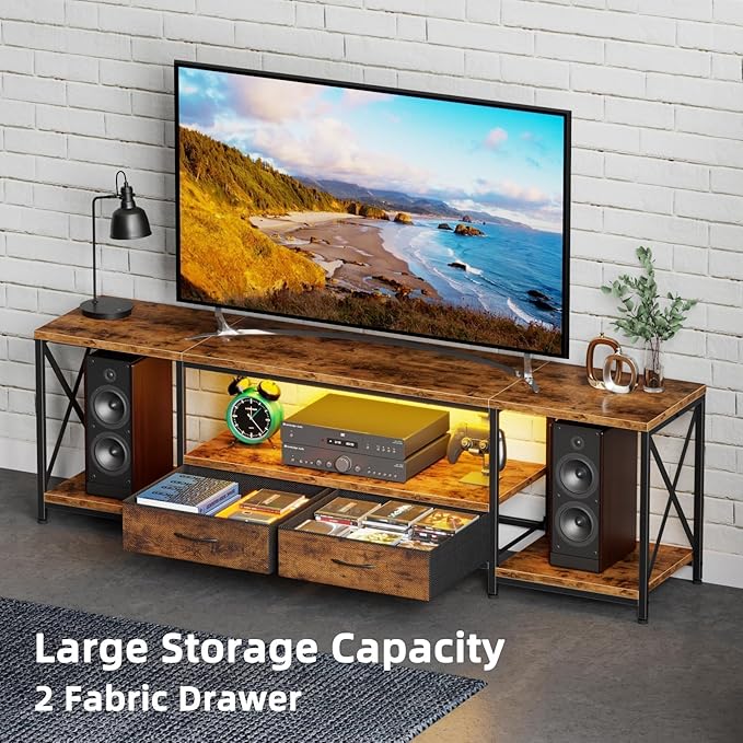 LED TV Stand for 75 70 Inch TV with Fabric Drawers LED Entertainment Center Television Stands with Storage Shelves for Living Room, Bedroom, TV Console Table 63" Rustic Brown