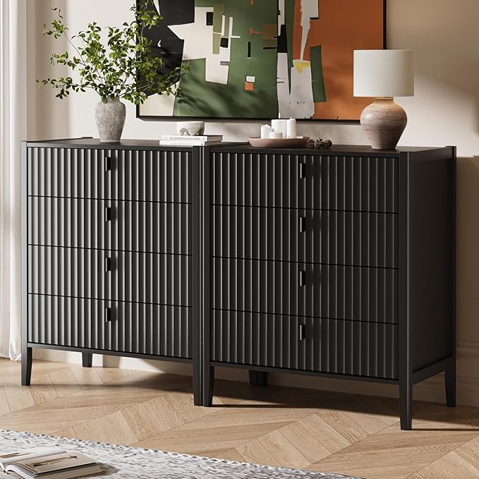 Black 4 Drawer Dresser, Modern Chest of Drawers for Bedroom, Wood Storage Dresser Organizer with Deep Drawers for Clothes, Nightstand for Bedroom, Hallway, Living Room, Entryway