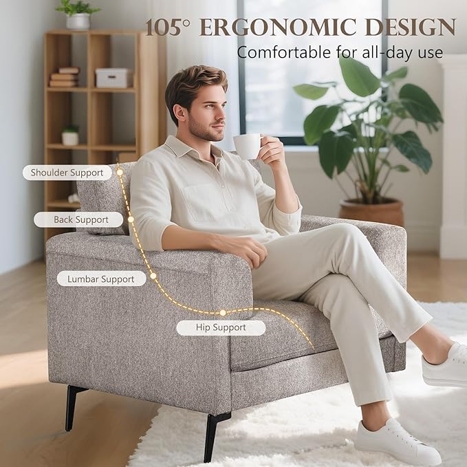 CDCASA Accent Chair, Linen Fabric Oversized Mid Century Modern Chair Set of 1, Comfy Upholstered Armchair Reading Accent Chairs Sofa Chairs for Bedroom Living Room, Light Brown