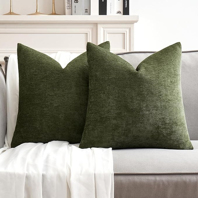 MIULEE Pack of 2 Olive Green Decorative Pillow Covers 20x20 Inch Soft Chenille Couch Throw Pillows Farmhouse Cushion Covers for Home Decor Sofa Bedroom Living Room