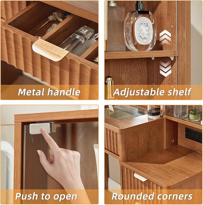 LEYAOYAO Vanity Desk with Mirror and Lights with Stool, 43.5'' Fluted Makeup Vanity with 6 Drawers and Adjustable Shelves,Wood Make Up Vanity Set with Glass Top and Power Outlet for Bedroom