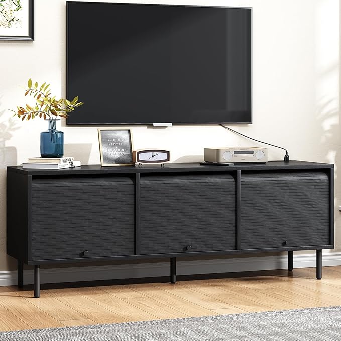 59 Inch TV Stand for TVs up to 65 Inch, Entertainment Center with Power Outlet, Mid-Century Modern TV Console with Storage, Adjustable Shelf & Sliding Doors, TV Stand for Living Room, Black