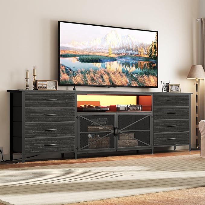 71" TV Stand Dresser for 85/80/75 Inch TV with Power Outlets and LED Lights, Long Dresser with 8 Fabric Drawers, Large Entertainment Center TV Console with Mesh Door for Bedroom, Black