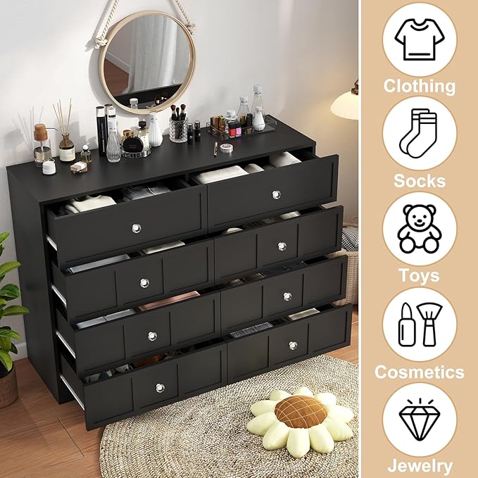 Wood Dresser for Bedroom 8 Drawer: 47" Black Chest of Drawers Wood, Modern Fluted Cabinet with Sturdy Storage, Wide Aesthetic Furniture for Room Organization