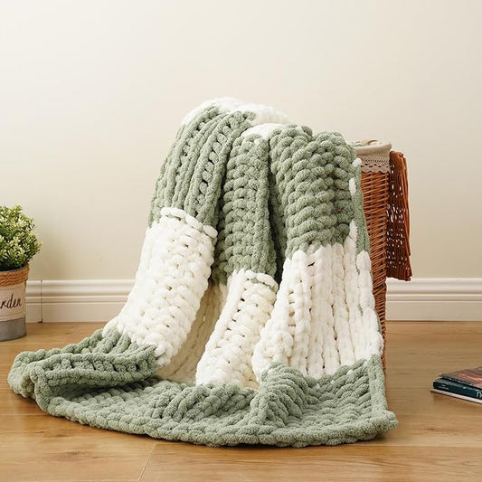 Battilo Chunky Knit Throw Blanket, Soft and Thick Chenille Throw Blanket, 50"x60" Handmade Cable Knit Crochet Blanket, Large Rope Knot Throw Blankets for Couch Sofa Bed Home Decor, Sage & White