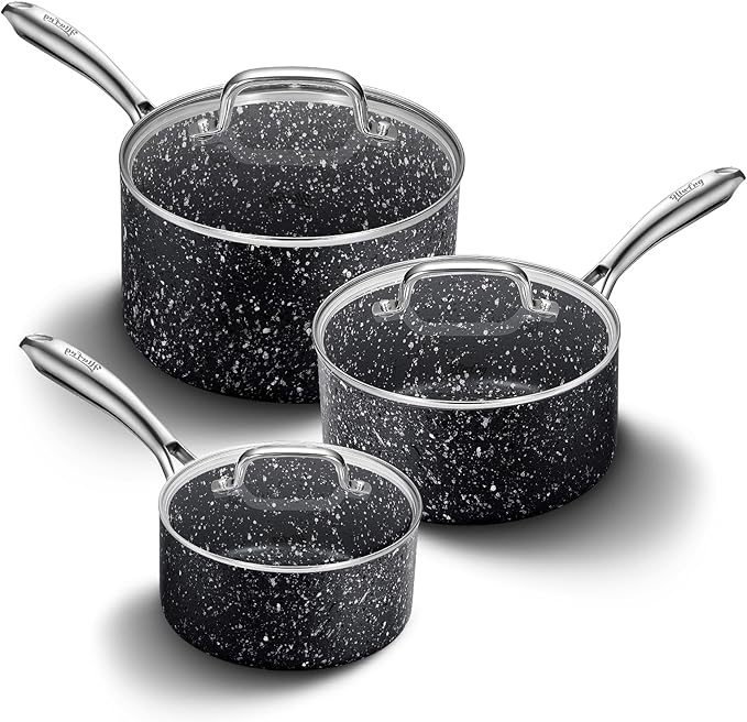 Nonstick Premium 3-Piece Saucepan Set with Glass Lids, Natural Durable Granite Coating, Nonstick, Durable & Oven Safe to 450°F, 1&2&3QT, Black