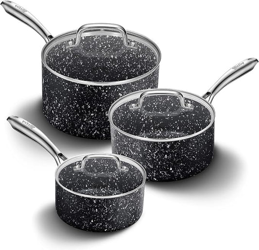 Nonstick Premium 3-Piece Saucepan Set with Glass Lids, Natural Durable Granite Coating, Nonstick, Durable & Oven Safe to 450°F, 1&2&3QT, Black