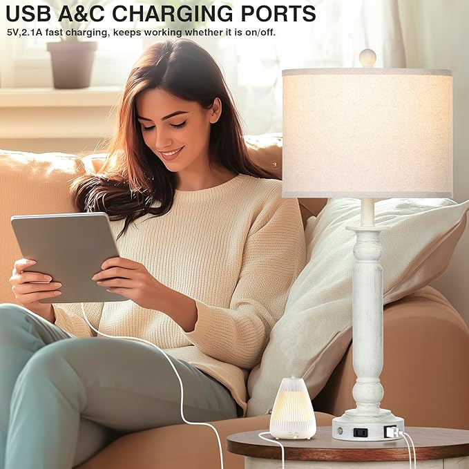 28.5" Tall Farmhouse Table Lamps Set of 2 for Living Room, 3-Way Dimmable Touch Lamps with USB C+A Ports & AC Outlet, Bedside Nightstand Lamps with Linen Shade for Bedroom