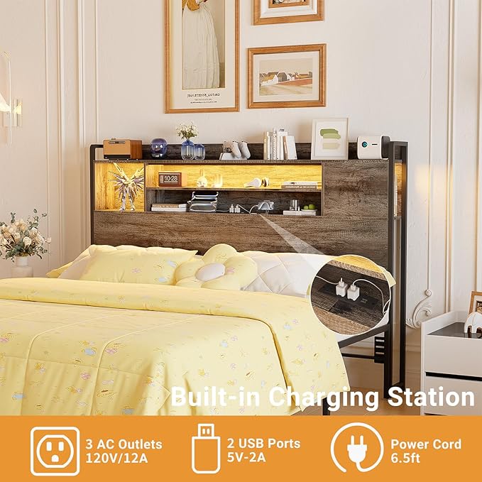 Unikito Headboard for Full Size Bed, Bookcase Style Head Board with Power Outlet and RGB LED Light, Reversible Headboard with Storage, Height Adjustable, Sturdy and Stable, Full Size, Black Oak