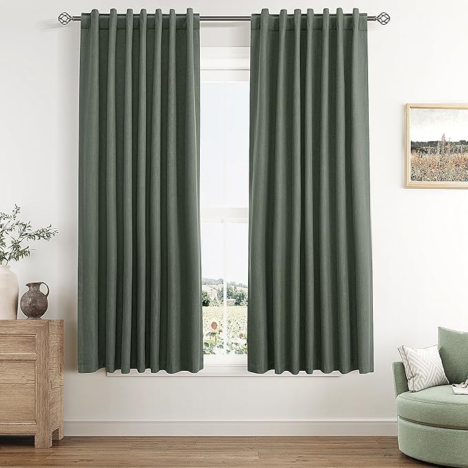 Guken Olive Green Blackout Curtains 63 Inch Length 2 Panels Set for Living Room Bedroom Back Tab Thermal Insulated 100% Black Out Linen Drapes Room Darkening Window Curtains 63 Inches Long