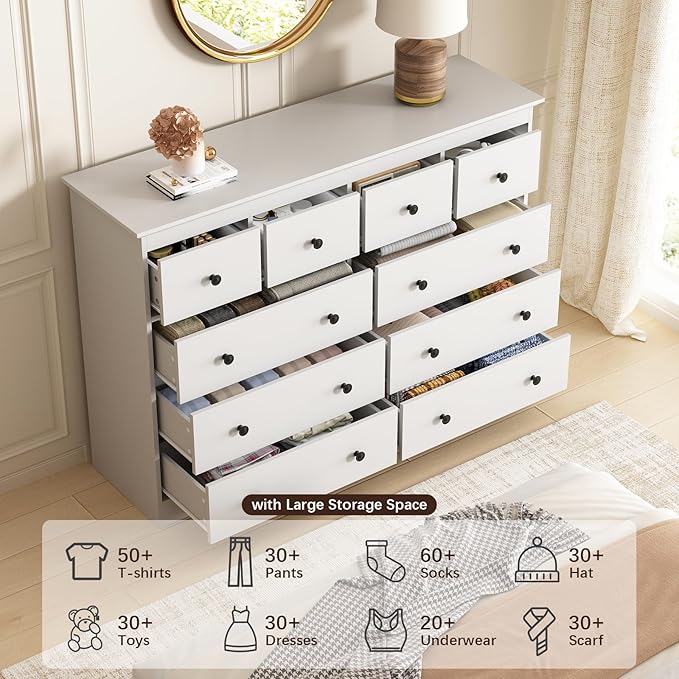 LYNSOM Modern 10 Drawer Dresser, 55.1" Wide Dressers & Chests of Drawers with Large Capacity Storage, Mid Century White Dresser for Bedroom, Hallway, White