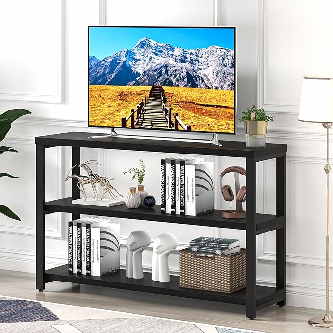 EXCEFUR Industrial Entryway Table, 3 Tier Console Table for Living Room, Wood Sofa Table for Hallway Behind Couch (47 Inch, Modern Black)