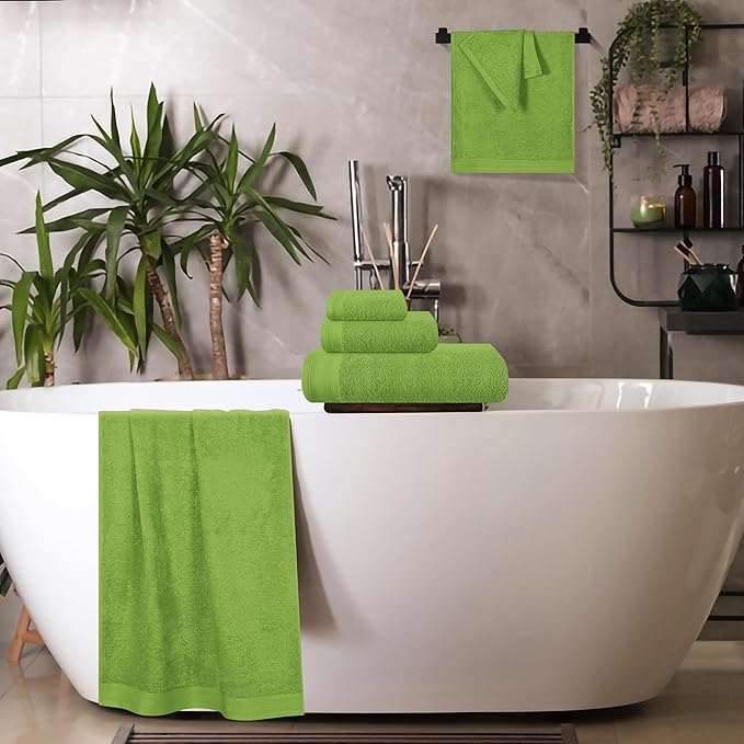 Ultra Soft 6 Pack Cotton Towel Set, Contains 2 Bath Towels 28x55 inch, 2 Hand Towels 16x24 inch & 2 Wash Coths 12x12 inch, Ideal Everyday use, Compact & Lightweight - Kiwi Green