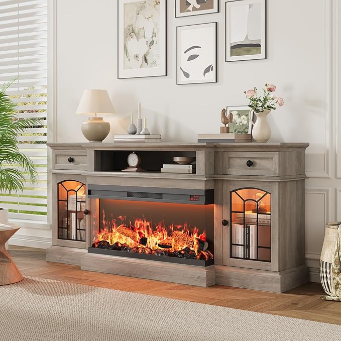 QUW 70" Farmhouse Fireplace TV Stand for TVs up to 80", Entertainment Center with 36" 3-Side Glass Electric Fireplace with Open Shelf and Cabinet, TV Console for Living Room, Grey