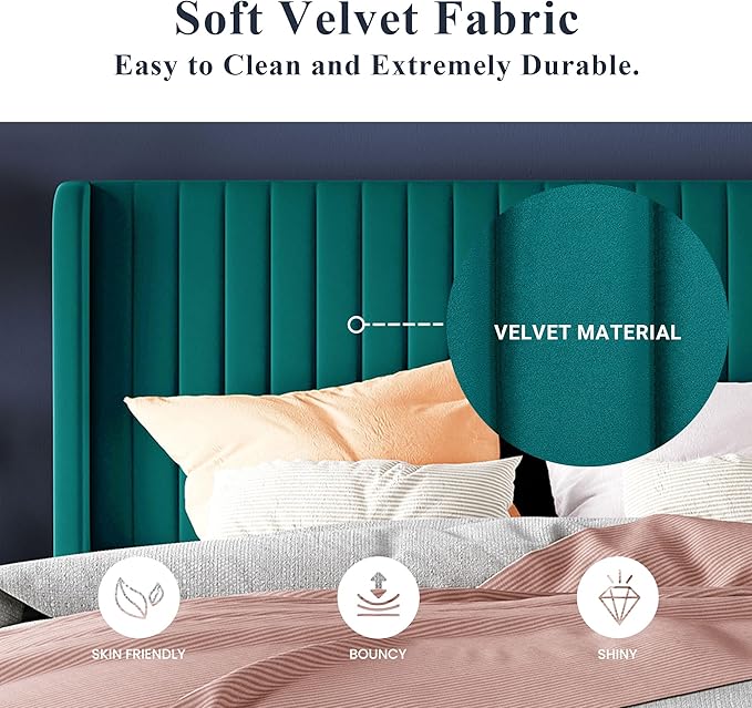 Allewie King Size Bed Frame/Velvet Upholstered Platform Bed/Vertical Channel Tufted Wingback Headboard/Strong Wooden Slats/No Box Spring Needed/Easy Assembly/Teal