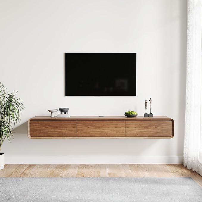 POVISON Fully-Assembled Minimalist Floating TV Stand, Modern Wall-Mounted Entertainment Center with 3 Flip-Down Cabinet Doors, Solid Wood Media Console, 70.87"