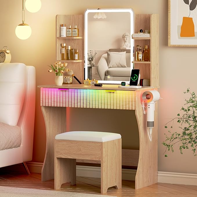 Vanity Desk with LED Lights Mirror & Power Outlet, Small Makeup Vanity Table Set with Storage Drawers & Chair, 3 Lighting Modes & Adjustable Brightness, Dressing Table for Women Girls Bedroom, Oak