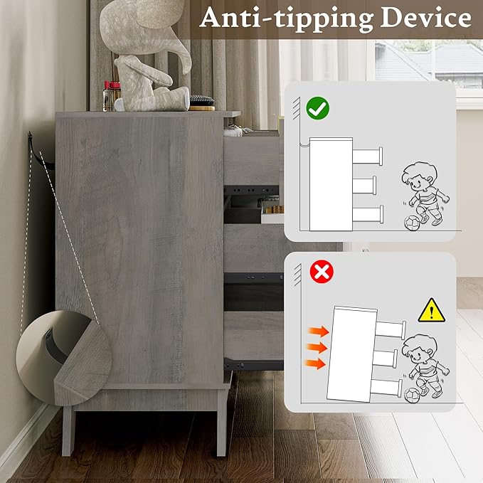Fluted Dresser for Bedroom with 7 Drawer, Mid Century Modern Chest of Drawers, 48" Wide Natural Wood Dresser for Closet, Wooden Boho Chest Closet Storage TV Stand for Bedroom, Grey