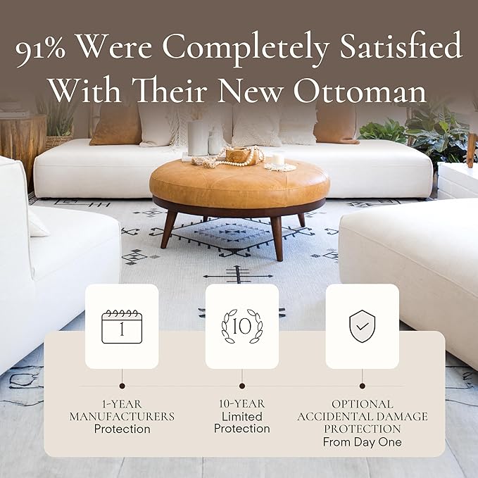 Poly & Bark Sequoia Ottoman – 35” Square Pouf with Feather-Down Topper – Full-Grain Leather Upholstered Pouf Ottoman for Living Room – Vintage Italian Leather in Cognac Tan