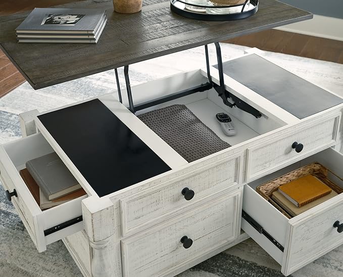 Signature Design by Ashley Havalance Farmhouse Lift Top Coffee Table with 4 Storage Drawers and Small Storage Tray, Whitewash