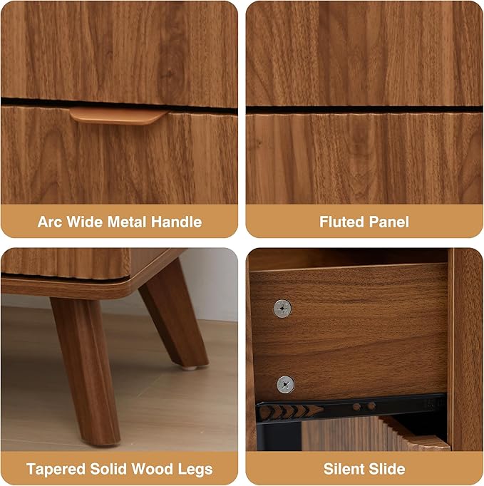 Fluted 3 Drawer Small Dresser for Bedroom, Mid Century Modern Nightstand with Charging Table Top, Low Bedside Table for Closet Cloth, End Table Short Storage, Living Room, Dorm -Walnut