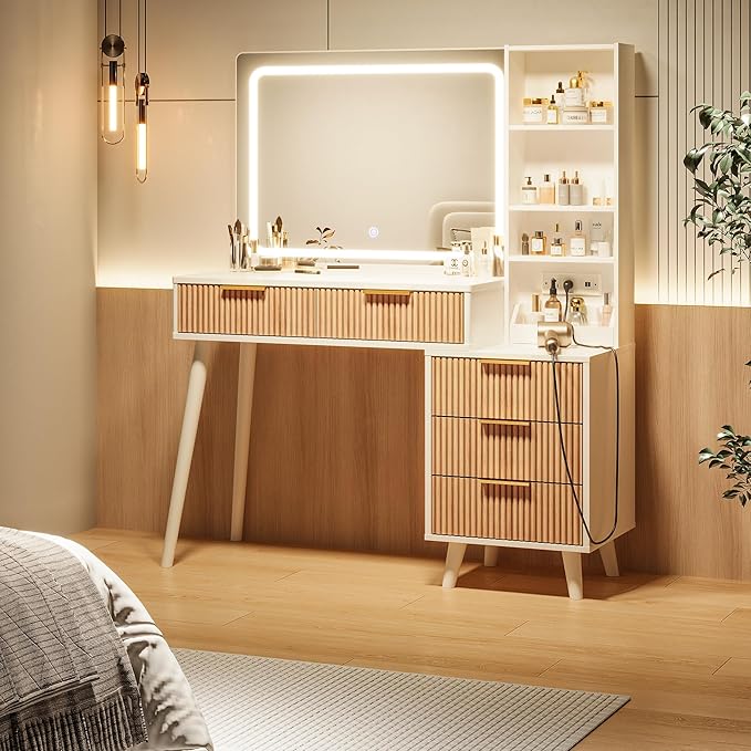 44" Vanity Desk with Mirror and Lights, Makeup Vanity Desk with Power Outlet, Makeup Desk with 5 Drawers&Storage Shelves, Vanity Table 3 Color Adjustable Brightness Dressing Table Set for Bedroom