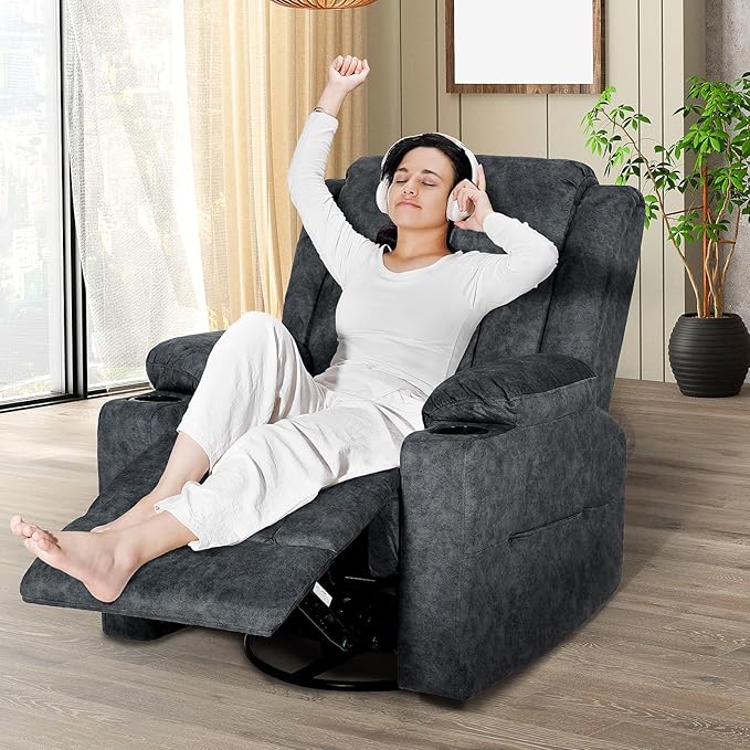 LEVELEVE Retro Rocking Recliner Chair, Massage Rocker Recliner Chair with Vibration Massage and Heat, USB and Type-C Ports,360° Swivel Chairs,Living Room, Bedroom, Nursery, RV, Dark Grey