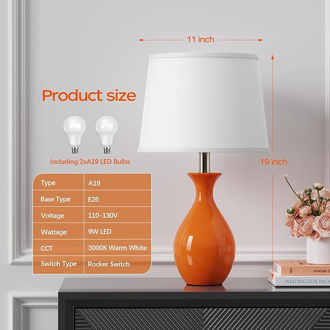 PARTPHONER Table Lamp Set of 2, Modern Ceramic Bedside Lamps for Night Stands, Classic Small Lamp Nightstand Lamp for Bedroom Living Room Desk End Table Rocker Swtich Orange