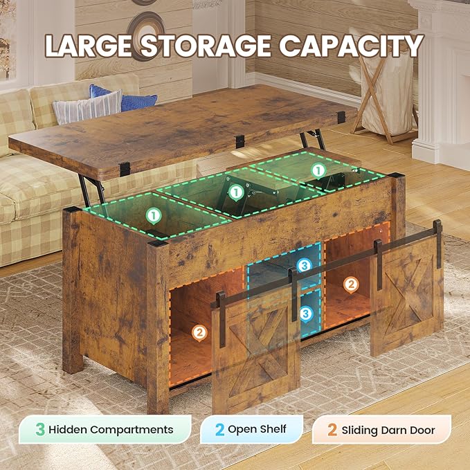 SEDETA Lift Top Coffee Table, 4 in 1 Convertible Coffee Tables with Storage and Hidden Compartment for Living Room, Farmhouse Coffee Table Converts to Dining Table, Dining Reception Room, Rustic Brown