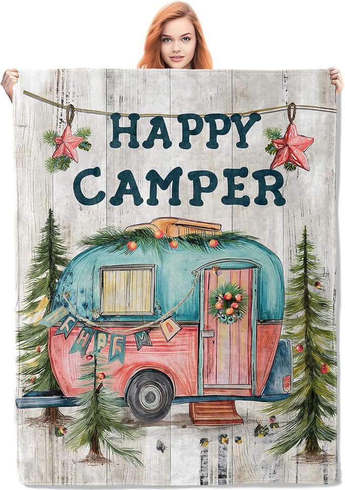 Camper Flannel Blanket, Camp Gifts, Camping-Themed Blanket for Women, Soft Lightweight Throw Blankets for Bed Home Travel Decor 40" x 50"