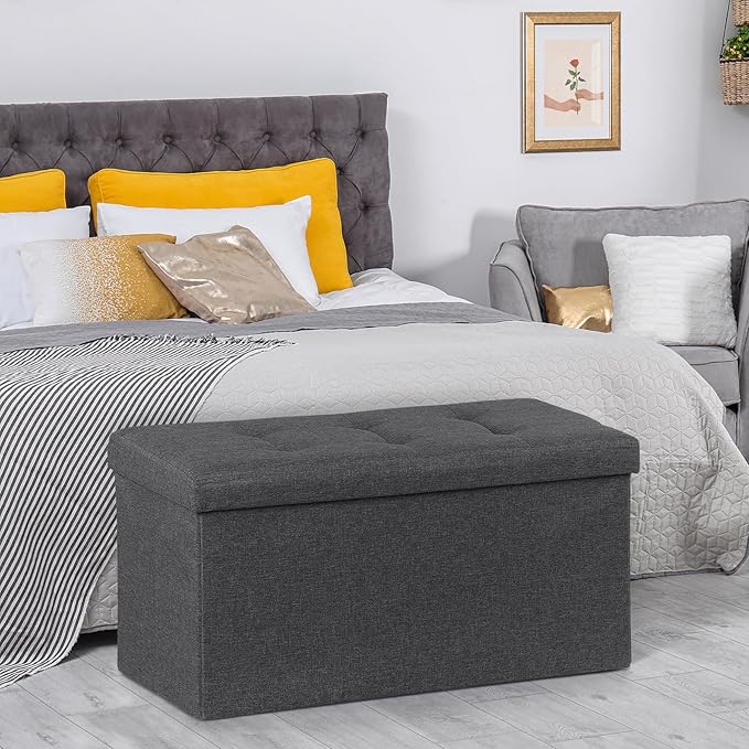 SUPER DEAL Storage Ottoman Bench, 30 Inches Folding Storage Chest Padded Seat Foot Rest Long Box for Living Room Bedroom Entryway, 660 lbs Capacity 15" x 30" x 15" Dark Grey
