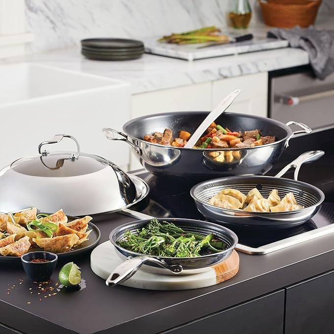 Circulon Clad Stainless Steel Induction Frying Pan and Wok Set with Hybrid SteelShield and Nonstick Technology, 4 Piece - Stainless Steel