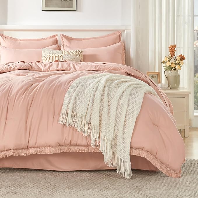 Andency Pink Full Size Comforter Set with Sheets - 7 Pieces Boho Tassel Bed in a Bag Soft Lightweight Bedding Sets, Pink Fringe Bed Set with Comforter, Sheets, Pillowcases & Shams