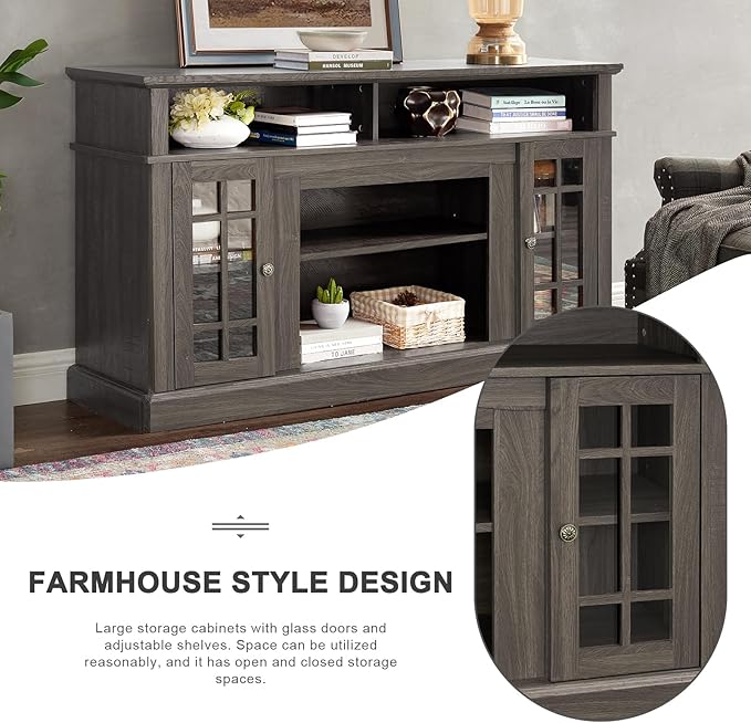 HMFULE 58" TV Stand with Storage for 55 60 65 inch Television, Entertainment Center 2 Glass Doors & Adjustable Shelves, Engineered Wood Modern Farmhouse Living Room Bedroom Furniture (Dark Walnut)