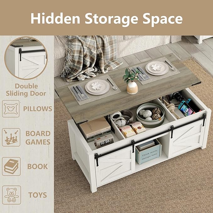 47.3''Lift Top Coffee Table, Farmhouse Center Table with Large Storage & Sliding Barn Doors, Modern Rectangular White Cocktail Table for Living Room, Grey Top