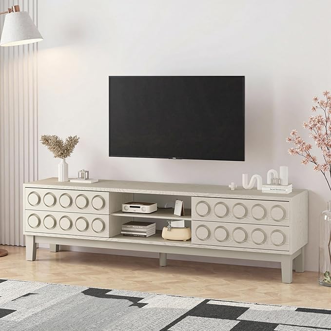 70" Modern TV Stand, Entertainment Center for Tvs up to 75", Unique Circular Design, TV Media Console with 4 Drawer & Open Storage for Living Room (White)