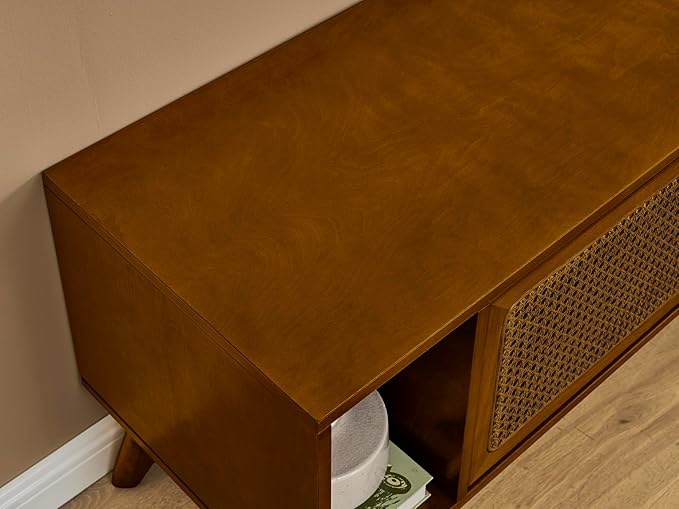 68 Inch Mid Century Modern TV Stand with Rattan Doors, MCM Entertainment Center Media Console for 60/65/70/75 inch TVs, Long Boho Television Stand for Living Room, Light Walnut