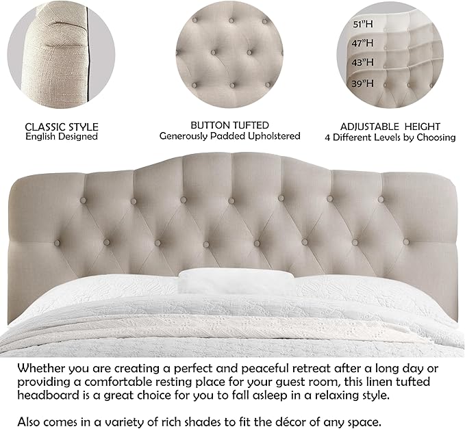 Rosevera Givanna Adjustable Height Headboard with Linen Upholstery and Button Tufting for Bedroom, Queen, Classic Beige