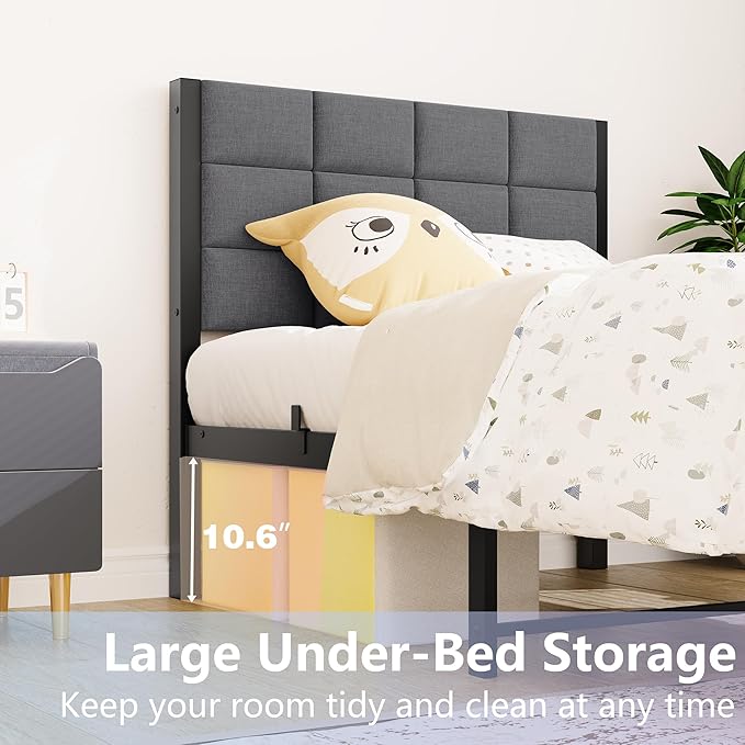 Twin Bed Frame Upholstered Platform Bed Frame with Headboard,Metal Bed Frame Twin Size with Metal Slats Support,No Box Spring Needed/Under Bed Storage/Easy Assembly,Noise Free,Grey