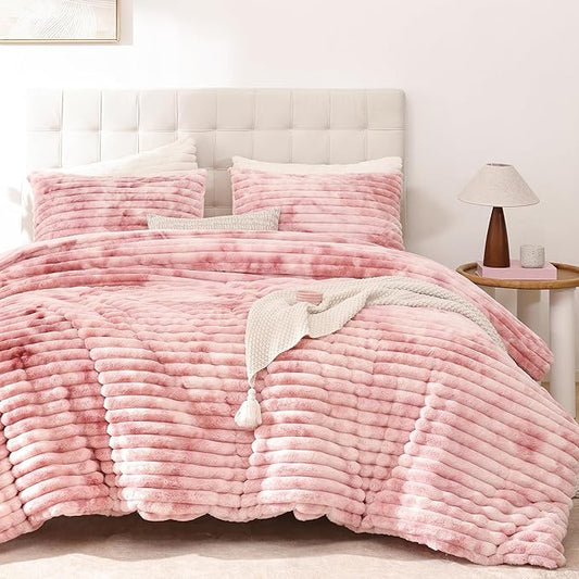 Smoofy Fluffy Full Size Comforter Sets 3 Pieces - Tie-dye Pink Fleece Fluffy Comforter Set, Luxury Fuzzy Full Bed Set, Soft Comforter Full Size All Season, Heavy Faux Fur Comforter with 2 Pillow Case