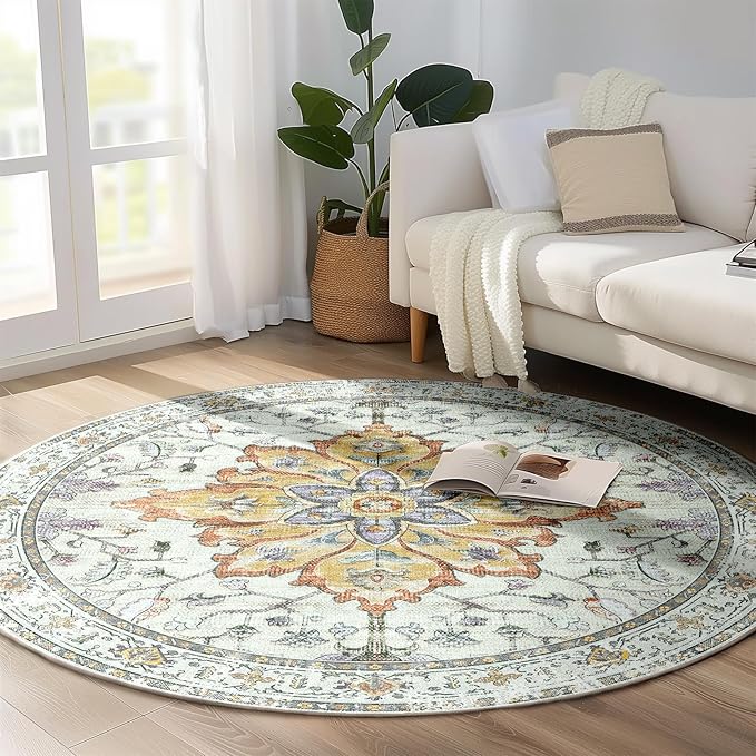 Area Rugs 4ft Washable Non-Slip, Floral Vintage Distress Print Pattern Medallion Carpet for Living Room Bedroom Dining Room, Light Yellow Carbon Grey Orange