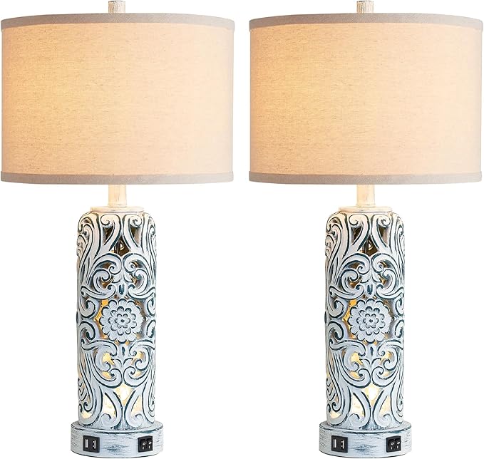 25'' Vintage Coastal Table Lamp Bedside Lamps Set of 2, Farmhouse Table Lamps with Dual USB Ports for Bedroom, Wash Blue Hollow Out Resin Lamp with Nightlight for End Table, 2 Bulbs Included