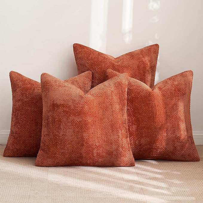 MIULEE Fall Pack of 4 Couch Throw Pillow Covers 16x16 Inch Burnt Orange Soft Decorative Chenille Pillow Covers Farmhouse Accent Cushion Covers for Boho Home Decor Sofa Bedroom Living Room