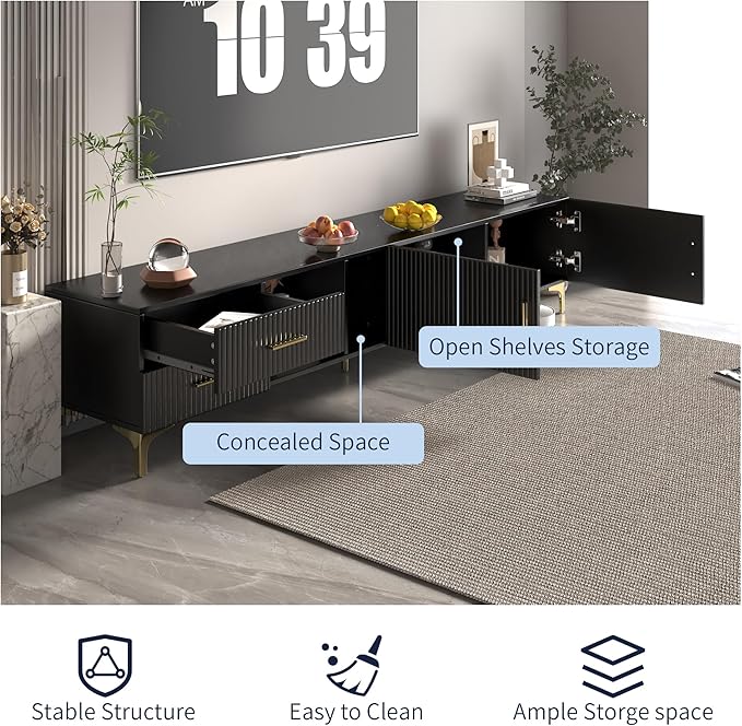 70" Fluted TV Stand for TVs Up to 80", Modern Entertainment Center with Storage, Media Console for Living Room Bedroom, TV Console（Black）