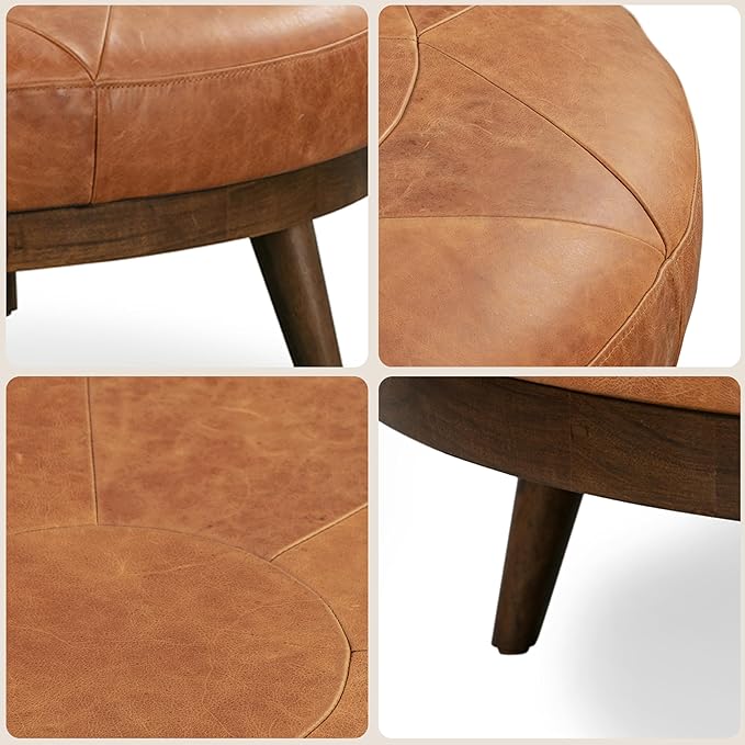 Poly & Bark Gio Ottoman – 30” Round with Feather-Down Topper – Full-Grain Leather Upholstery – Couch Ottoman for Living Room – Vintage Italian Leather in Cognac Tan