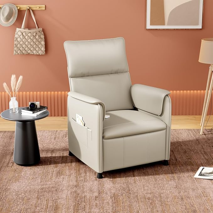 Recliner Chair，Electric Adjustable PU Leather Recliner with Remote Control and Padded Backrest,Recliner Single Sofa Seat with Thick Seat Cushion for Living Room Bedroom Home Theater (Beige)